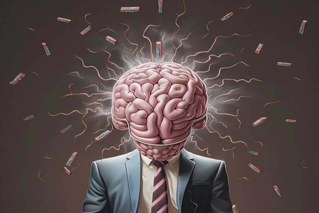 Ilustración de una persona con traje y corbata cuya cabeza es un cerebro brillante, con destellos de energía y objetos flotando alrededor, simbolizando creatividad, pensamiento innovador o explosión de ideas.
