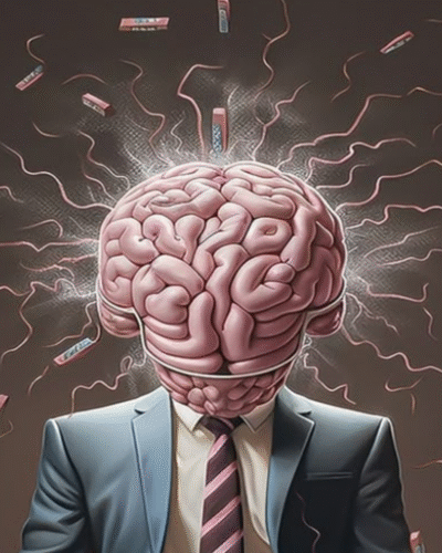 Ilustración de una persona con traje y corbata cuya cabeza es un cerebro brillante, con destellos de energía y objetos flotando alrededor, simbolizando creatividad, pensamiento innovador o explosión de ideas.