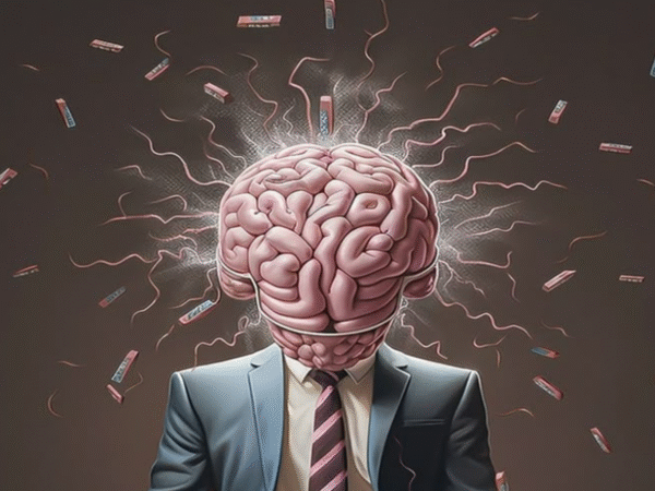 Ilustración de una persona con traje y corbata cuya cabeza es un cerebro brillante, con destellos de energía y objetos flotando alrededor, simbolizando creatividad, pensamiento innovador o explosión de ideas.